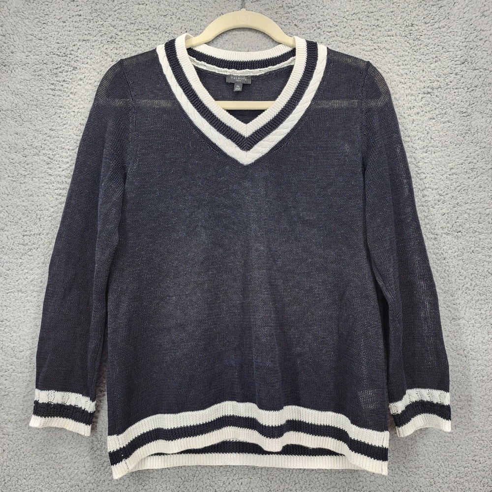Talbots Petite Womens Navy Blue 100% Linen Varsity Stripe V-Neck Sweater MP